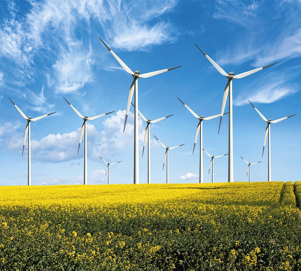 Turbinas eólicas em uma fazenda no Reino Unido: com energias renováveis e bioeconomia, o futuro pode ser mais sustentável (Maria Wachala/Getty Images)