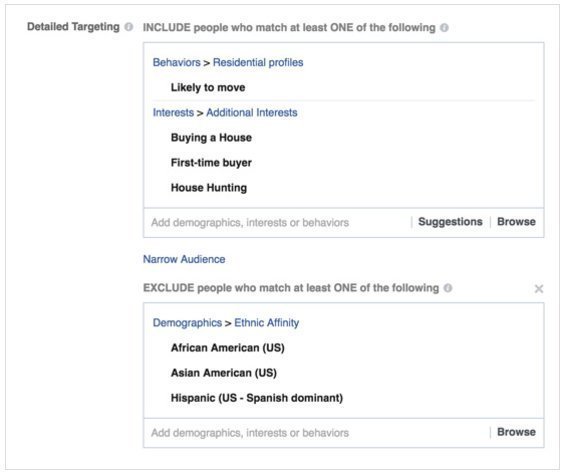 Print da ferramenta de criação de anúncios no Facebook: possibilidade de excluir etnias 