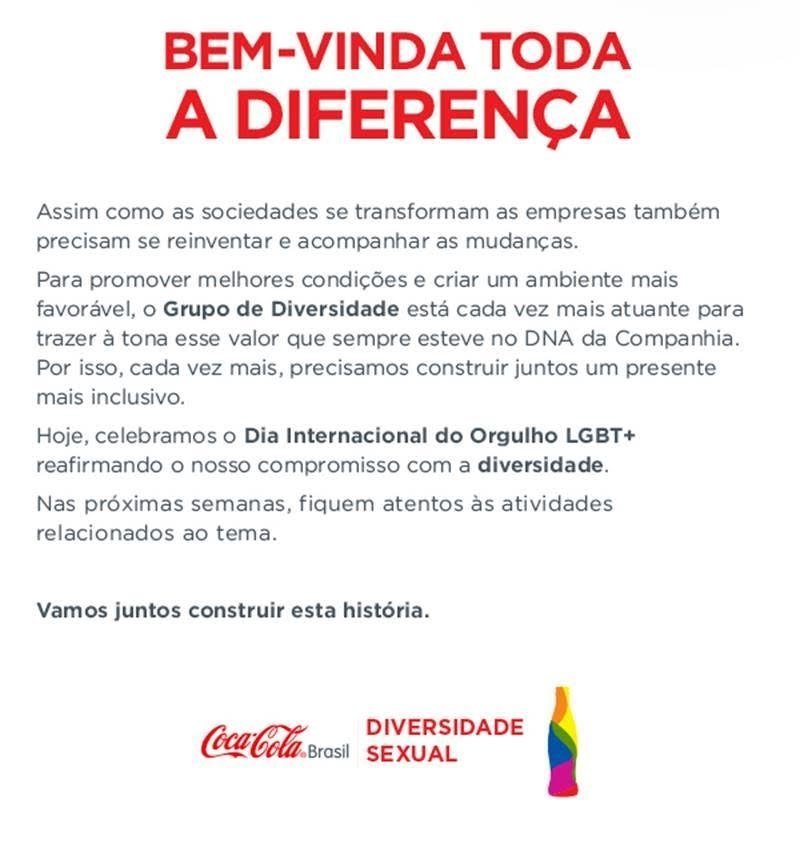 Carta interna da Coca-Cola: mensagem no Dia do Orgulho LGBT