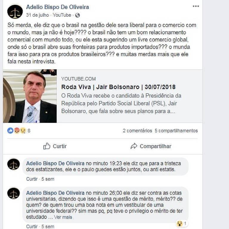 Postagem no Facebook de Adélio Bispo de Oliveira