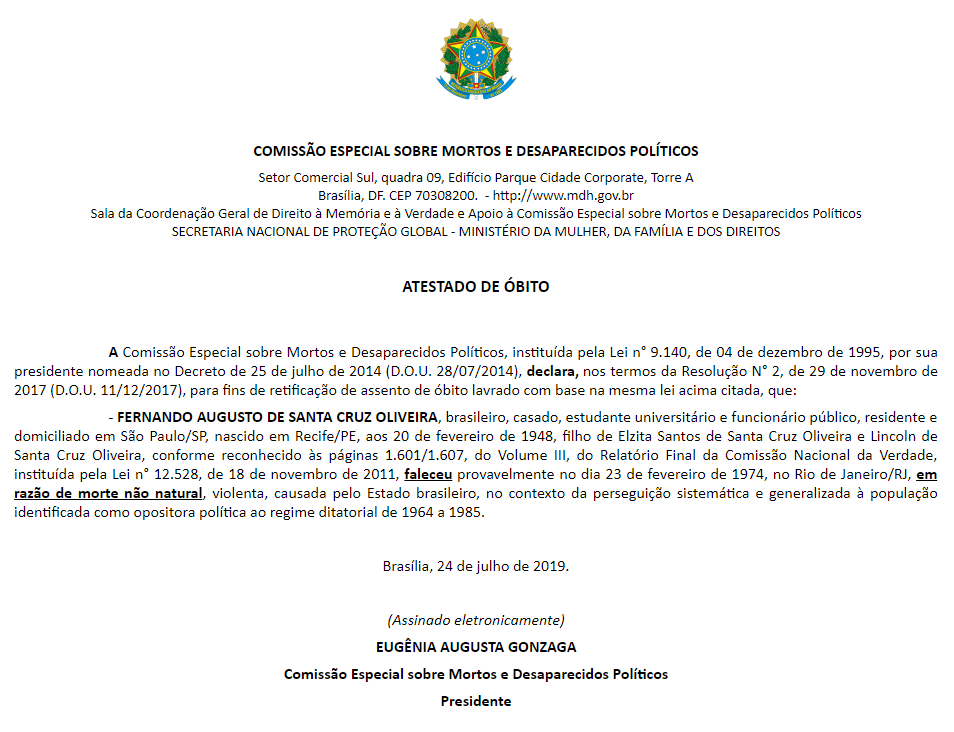 Atestado de óbito Fernando Santa Cruz emitido pelo governo Bolsonaro