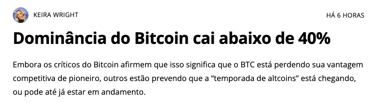 Dominancia do Bitcoin cai abaixo de 40% manchete