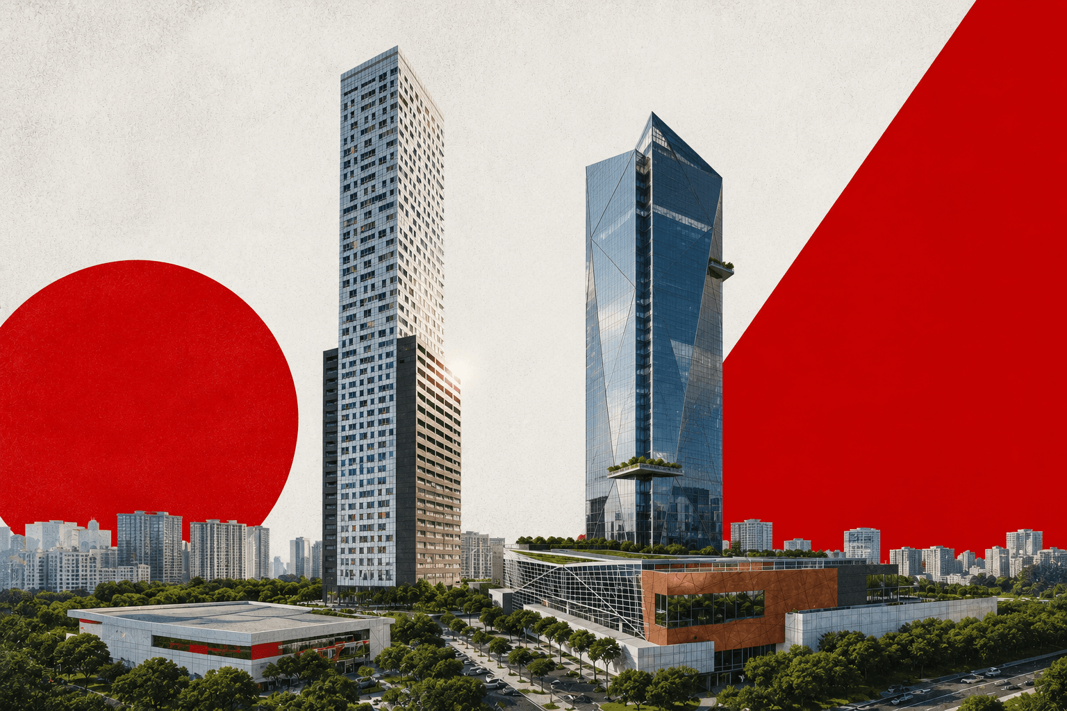 Montagem editorial combina dois edifícios de alto padrão com elementos gráficos em vermelho para representar o mercado imobiliário e a transformação das grandes cidades. (Imagem gerada com IA)