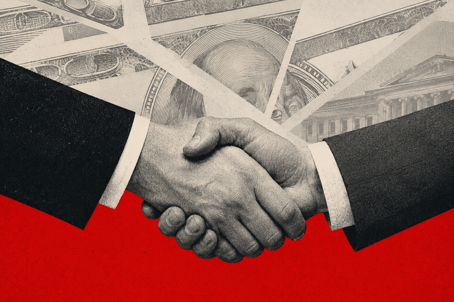 Aperto de mãos simboliza a conclusão de negócios em um mercado brasileiro de M&A mais seletivo e concentrado em operações de maior valor. (Imagem gerada com IA/Exame)