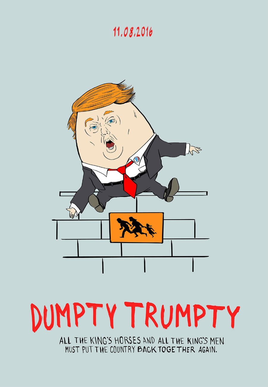 Cartaz com paródia do personagem Humpty Dumpty: piada com Donald Trump