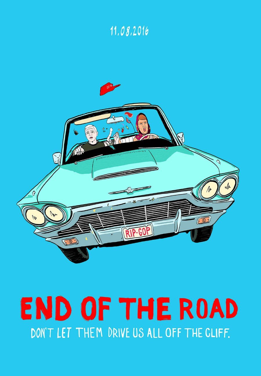 Cartaz com paródia do filme "Thelma & Louise": piada com Donald Trump