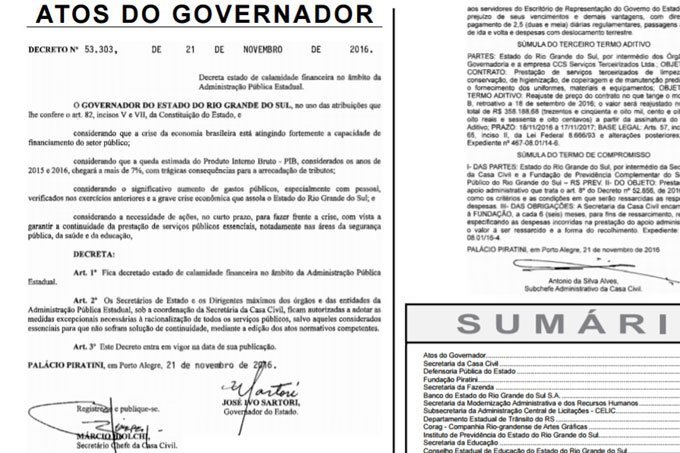 Reprodução do decreto de calamidade financeira no Rio Grande do Sul
