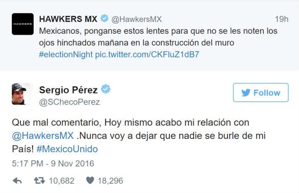 Tweet da marca Hawkers e resposta do piloto mexicano Sergio Pérez