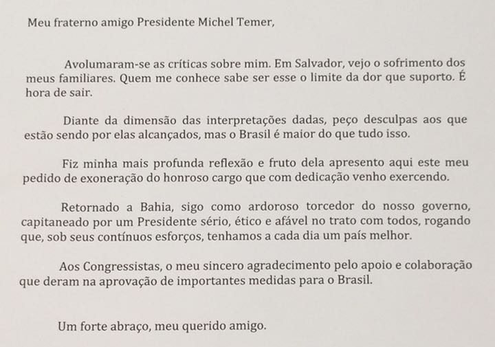 Veja a íntegra da carta de demissão de Geddel  Exame