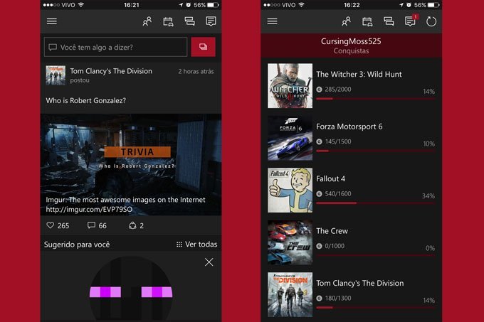 Telas do app Xbox
