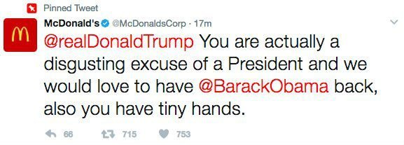 Tweet do McDonald's xingando Donald Trump: mensagem foi apagada logo depois