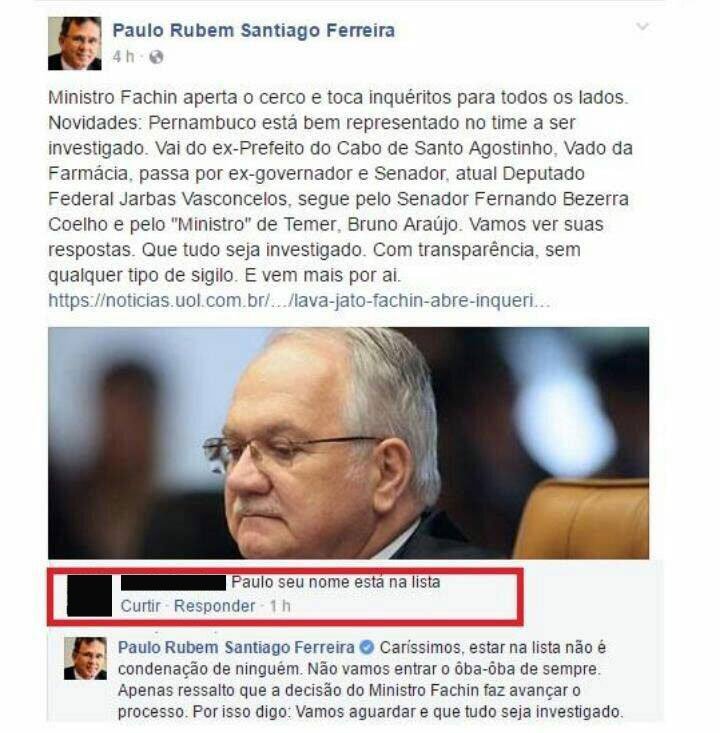 Comentários em postagem do ex-deputado Paulo Rubem Santiago