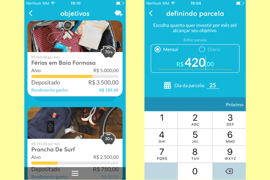 Telas do recurso Objetivos do app do banco Neon