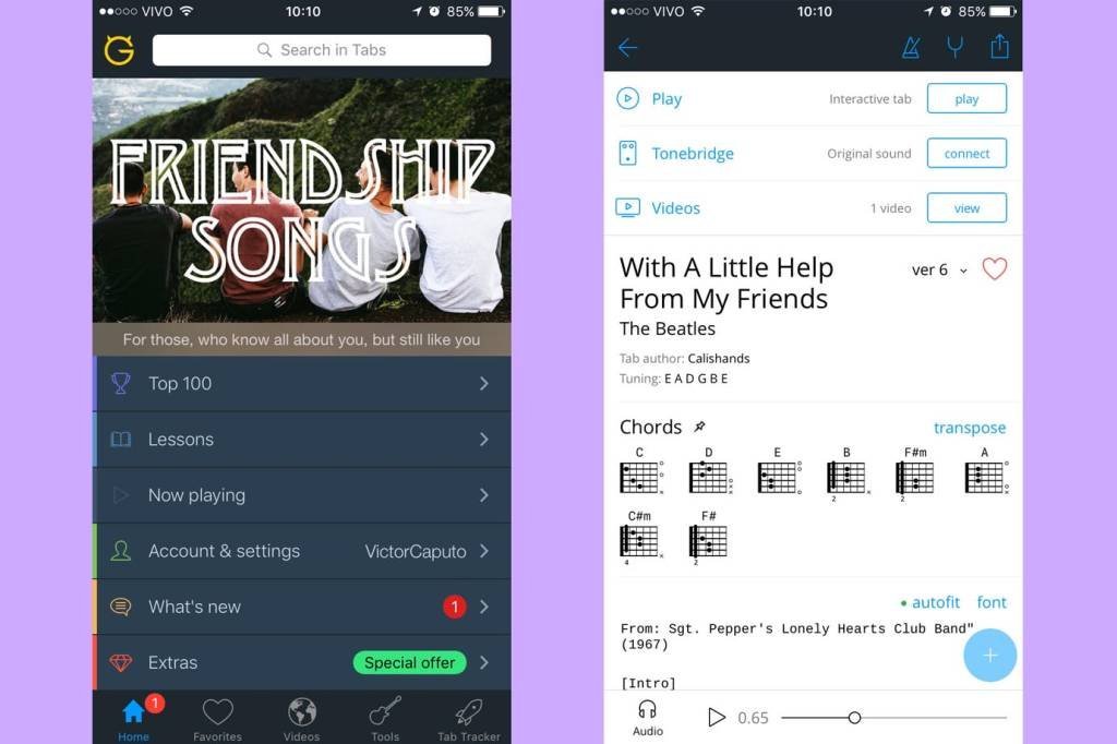 Telas do aplicativo Ultimate Guitar