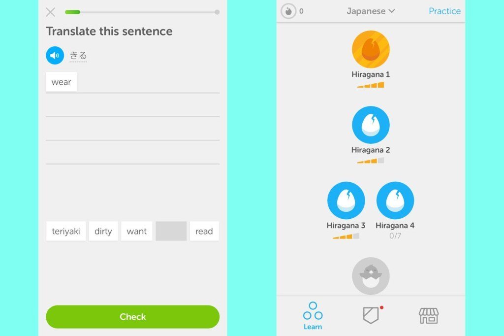 Capturas de telas com aulas de japonês no aplicativo Duolingo