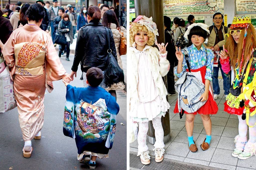 Mãe e filho caminham de quimono por Harajuku. Jovens posam para foto exibindo seus looks modernos.