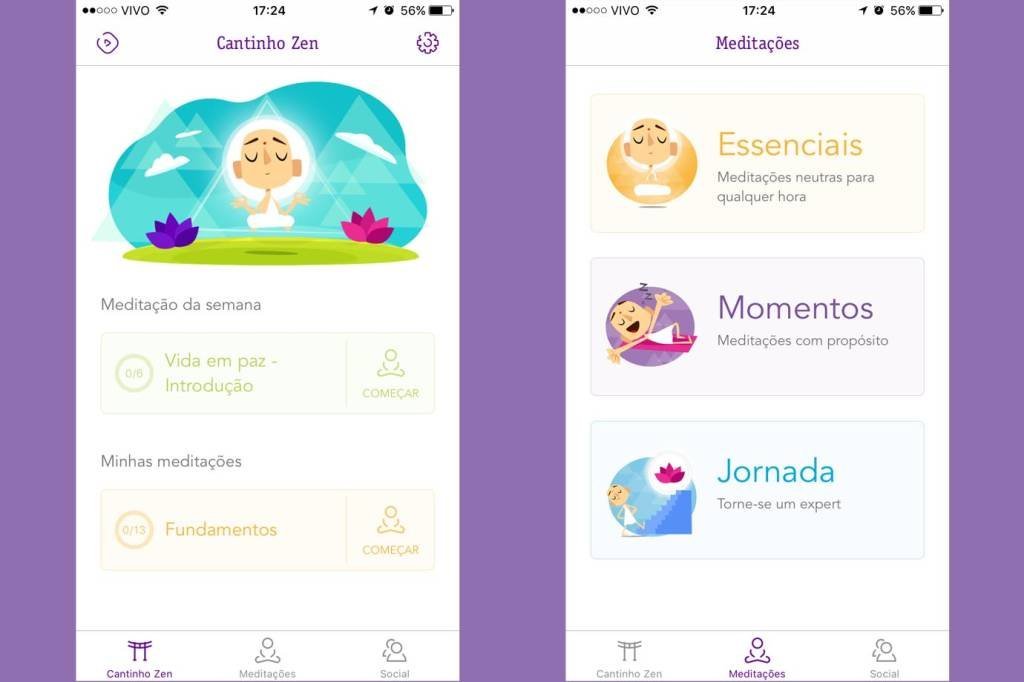 Telas do aplicativo VivoMeditação