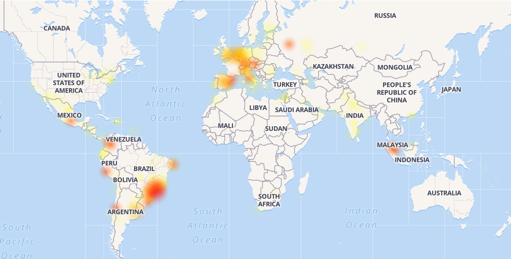 Mapa mostrando a concentração de reclamações sobre instabilidade no WhatsApp no dia 31 de agosto de 2017