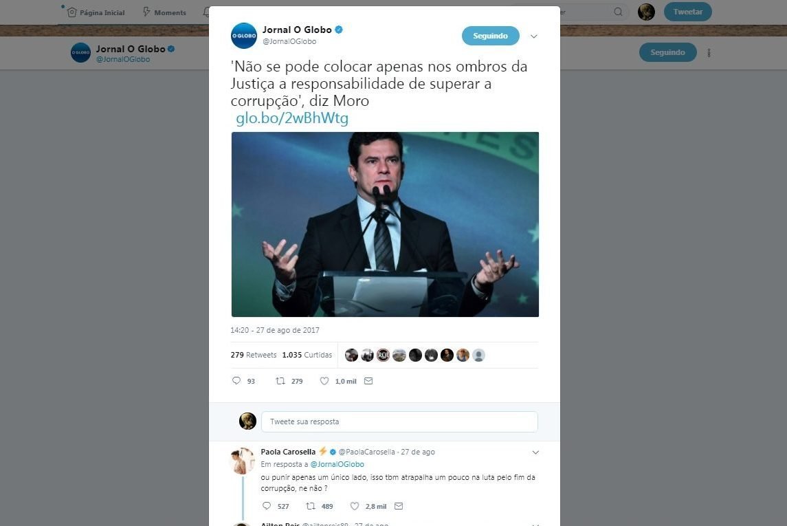 Paola Carosella responde tweet do jornal O Globo sobre fala de Moro e arranja briga com internautas