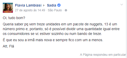 Sadia responde a post sobre quantidade de nuggets