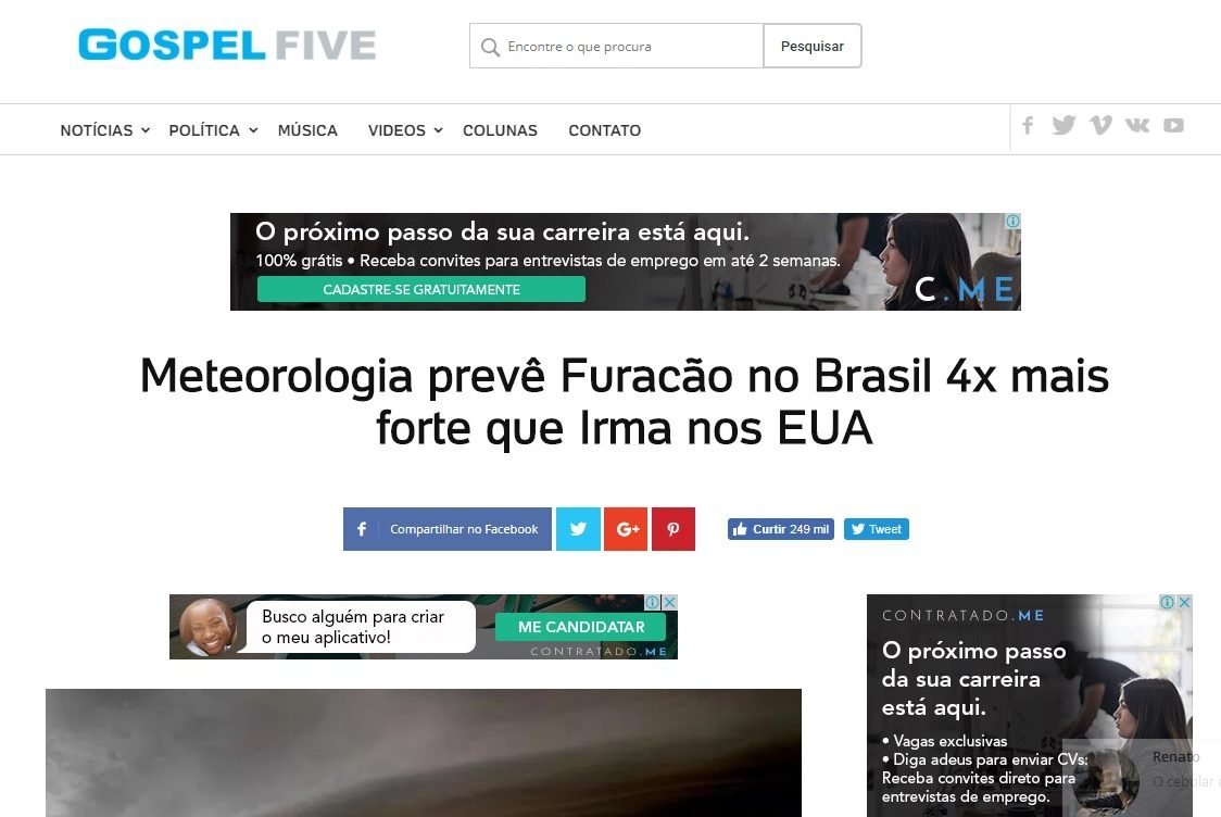 Sites espalham notícia falsa de que Brasil será atingido por furacão