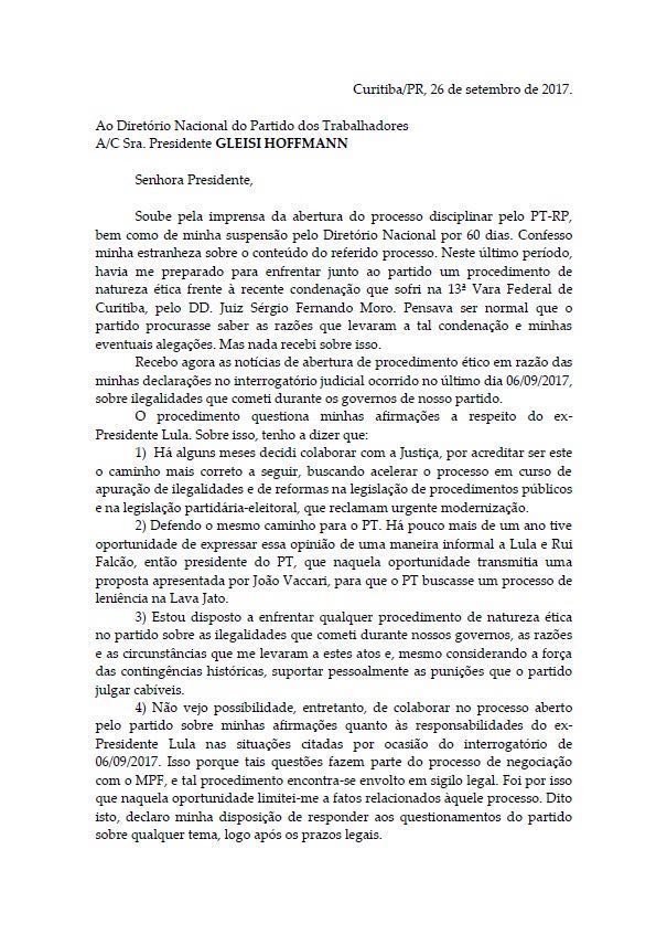 O ex-ministro Antonio Palocci enviou uma carta à direção do PT pedindo desfiliação do partido