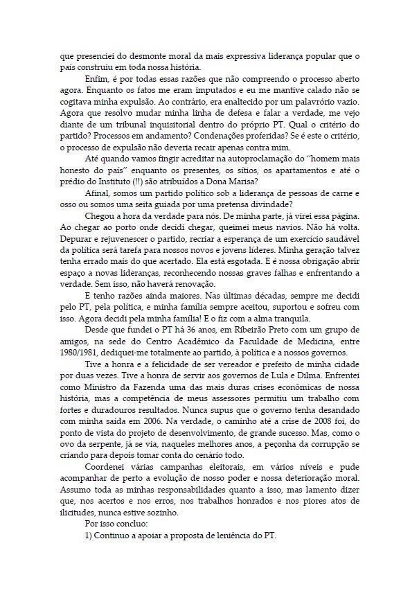 O ex-ministro Antonio Palocci enviou uma carta à direção do PT pedindo desfiliação do partido