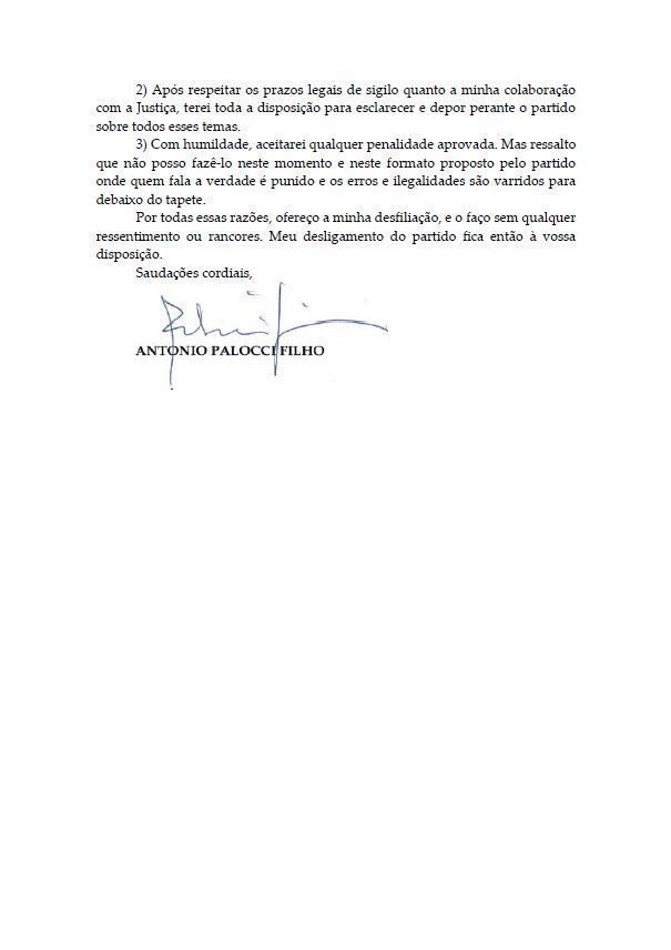 O ex-ministro Antonio Palocci enviou uma carta à direção do PT pedindo desfiliação do partido