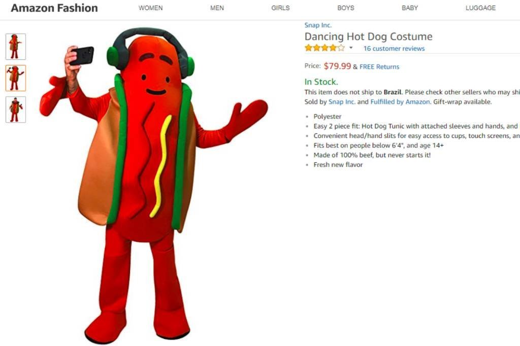 Fantasia de hot dog da Snapchat à venda na Amazon