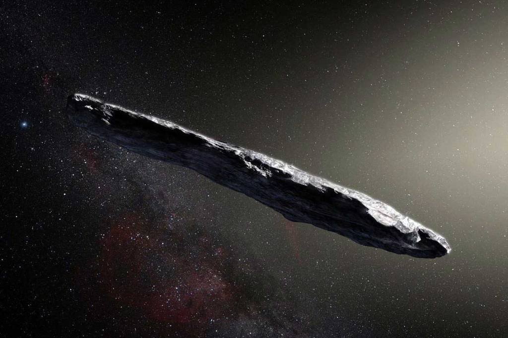 Concepção artística do asteroide interestelar Oumuamua (1I/2017 U1)