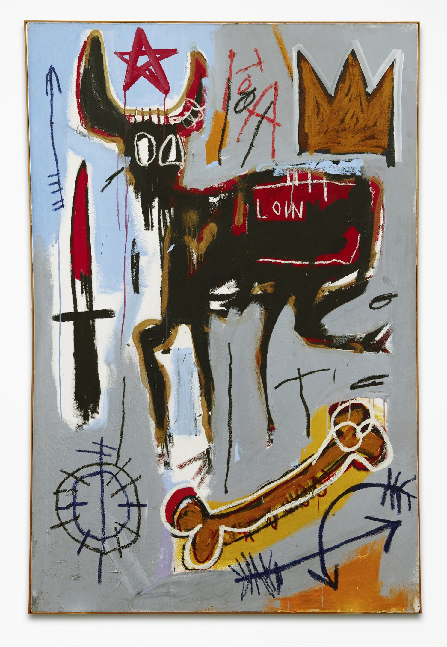 Jean Michel Basquiat Loin, 1982 Acrylic, colored oil sticks and pastel on canva 182,88 x 121,92 cm