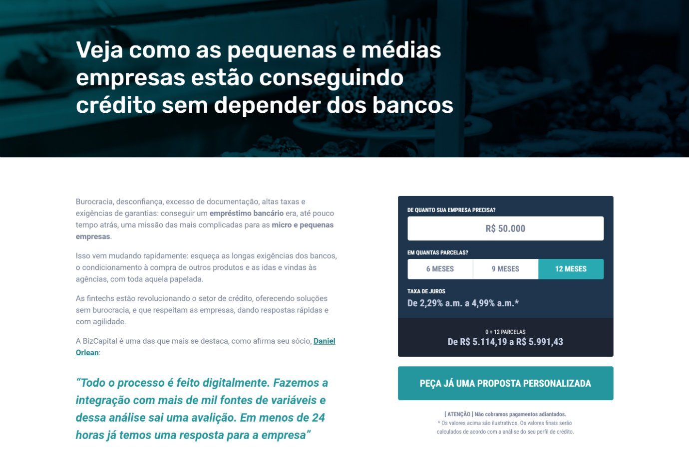 Tela de reprodução do site da BizCapital