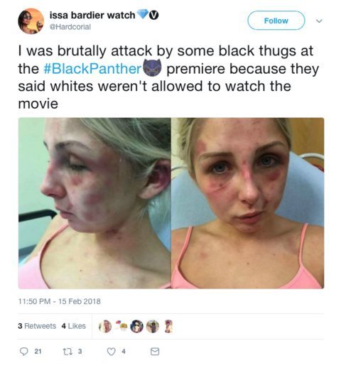 Mensagem no Twitter: usuários inventaram que ataques raciais de negros contra brancos estavam acontecendo durante exibições do filme "Pantera Negra"