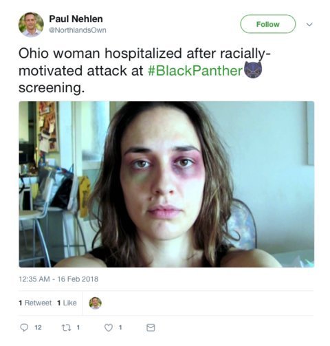 Mensagem no Twitter: usuários inventaram que ataques raciais de negros contra brancos estavam acontecendo durante exibições do filme "Pantera Negra"