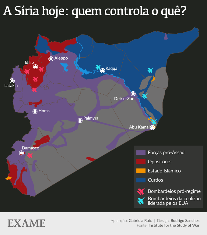 Infográfico que mostra o território da Síria após sete anos de guerra