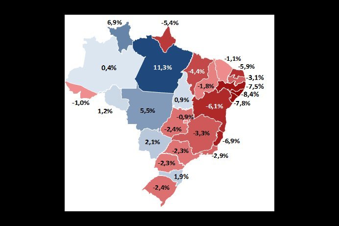 Mapa mostra o PIB dos estados em relação ao pré-crise