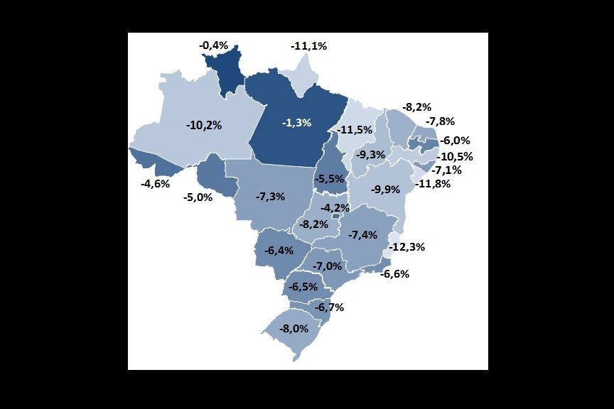 Mapa mostra a queda acumulada do PIB dos estados no período 2015/2016