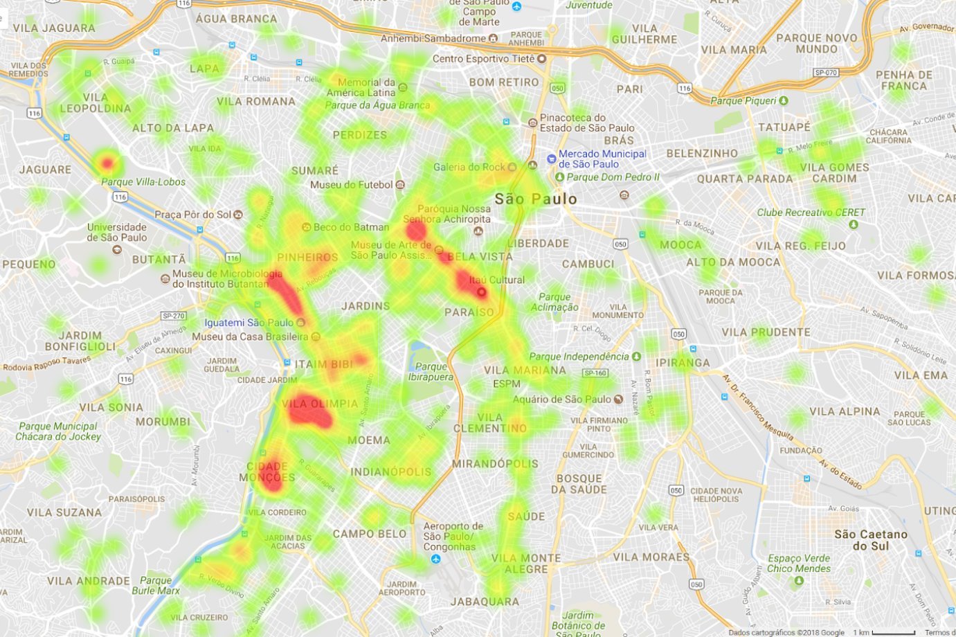 Mapa de calor das startups em São Paulo