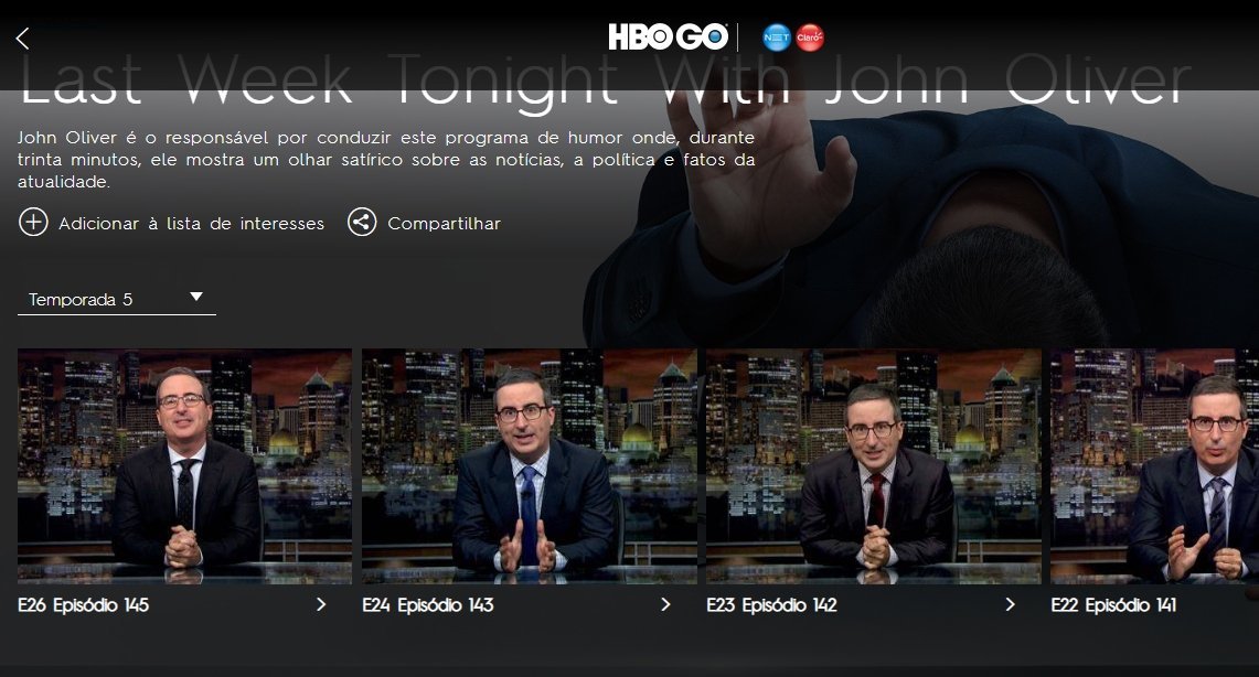 Imagem do site do HBO Go: episódios da quinta temporada do programa de John Oliver pulam do 24 para o 26