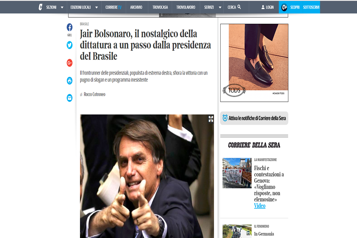 Corriere della Sera: "Jair Bolsonaro, o nostálgico da ditadura a um passo da presidência do Brasil"