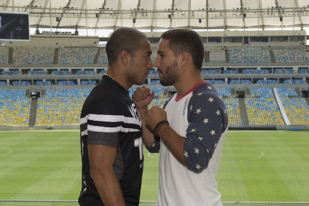 Encarada tensa entre Aldo e Chad, momentos antes do empurrão, ontem no Rio. Foto: Alexandre Loureiro/Inovafoto/UFC