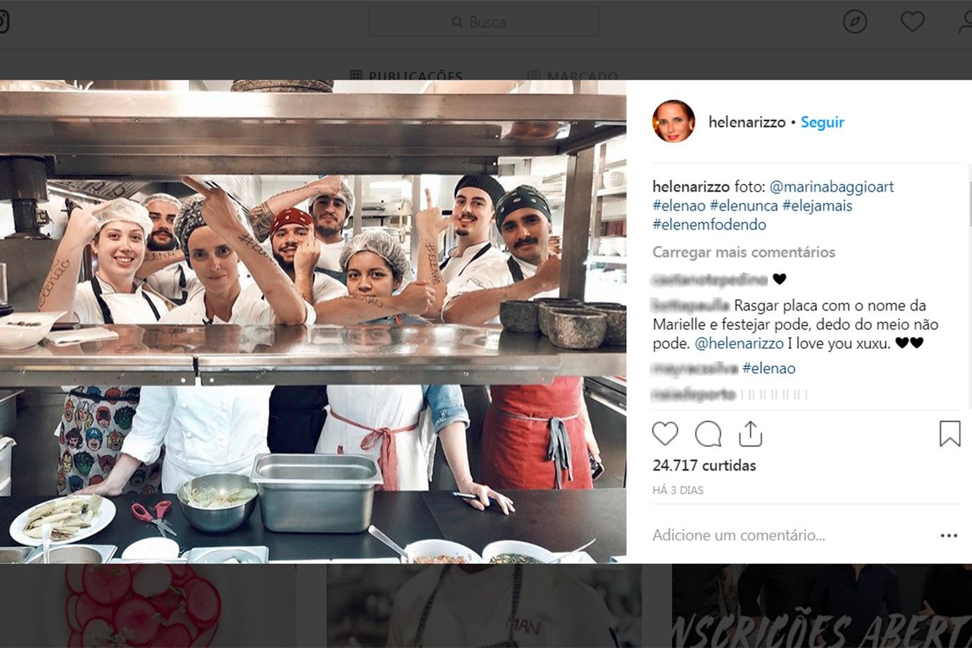 Postagem da chef Helena Rizzo, do Maní, no Instagram