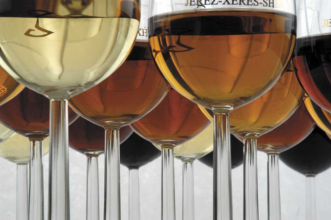 Diferentes variedades de vinho jerez em taças