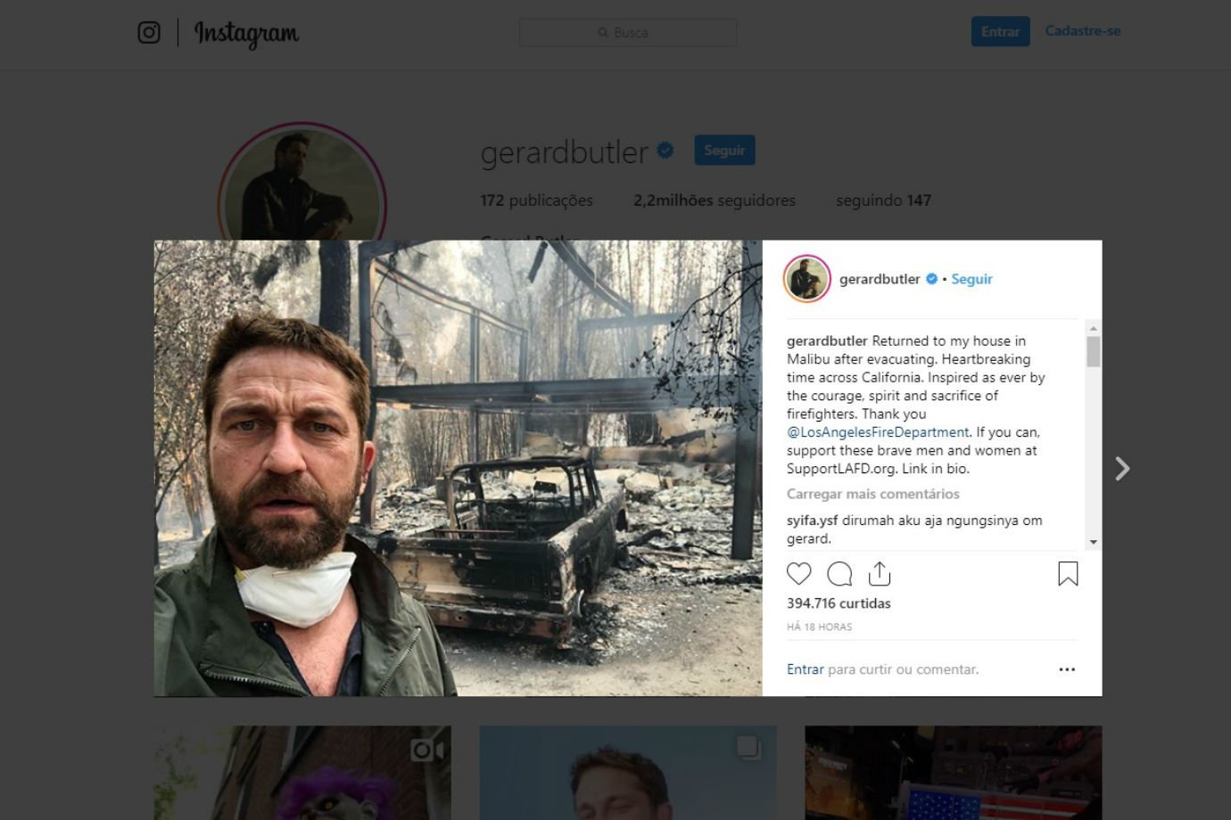 O ator Gerard Butler é um dos que perdeu a casa em incêndio na Califórnia