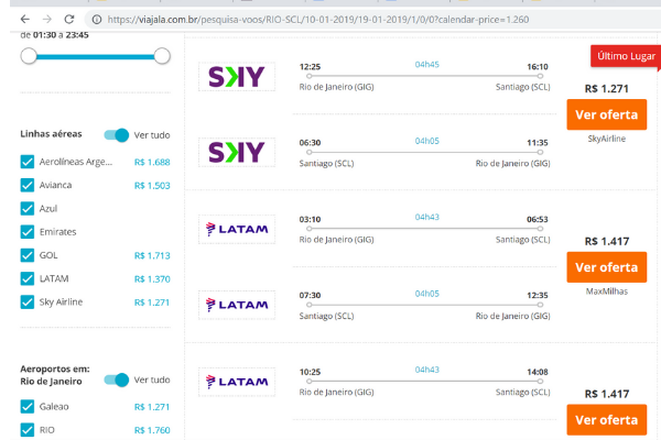 Tabela extraída do Viajala.com.br que mostra um dos melhores preços do mês para a rota proposta: R$1.271, preço ofertado pela Sky Airline em voo direto para ida no dia 10 de janeiro e retorno no dia 19 de janeiro