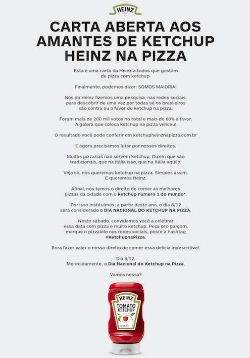 Heinz divulga carta aberta aos amantes de ketchup na pizza