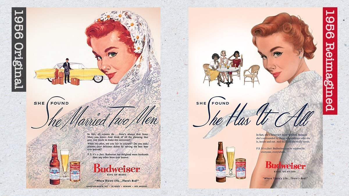 Cartaz dos anos 1950 da Budweiser e recriação de 2019