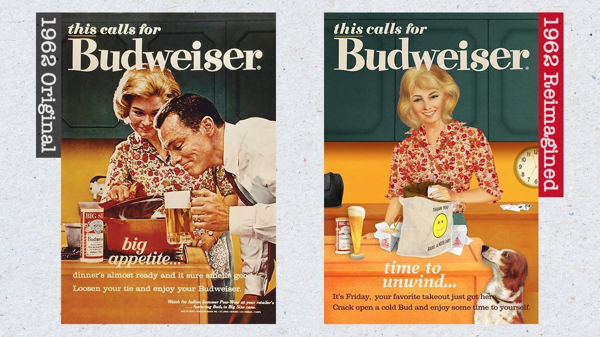 Anúncio da Budweiser dos anos 1960 e recriação de 2019