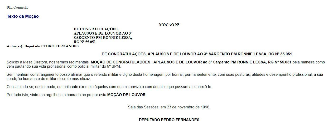 Moção para Ronnie Lessa recebeu uma moção de congratulações, aplausos e de louvor no fim do ano de 1998.