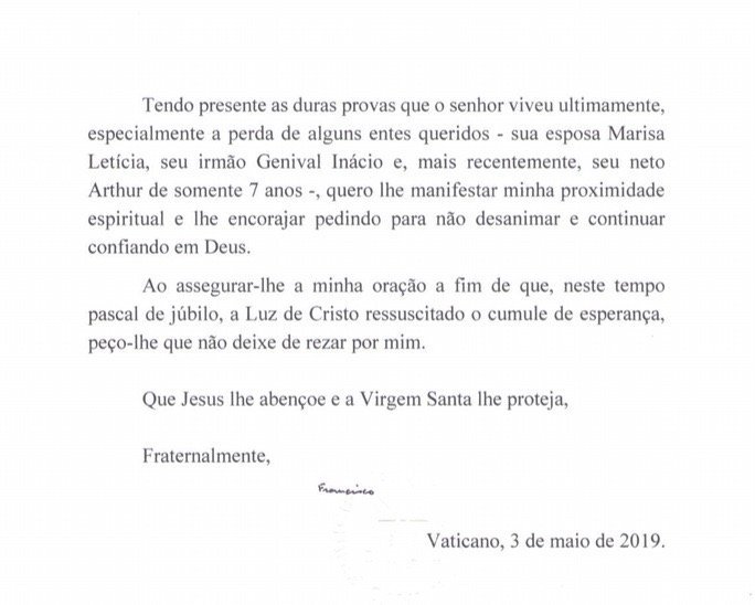 Carta do Papa Francisco ao Lula